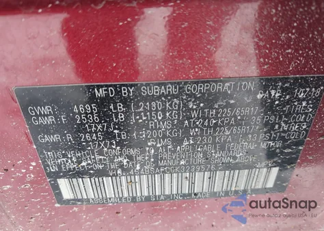 2019 Subaru Outback 2.5I Premium z USA, uszkodzony, nr VIN 4S4BSAFC8K3239576